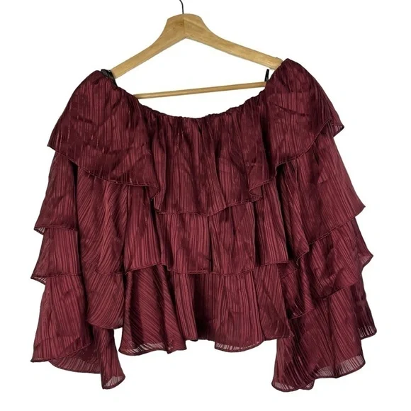 MINKPINK Burgundy Red In the Moment Ruffle Tiered Long Sleeve Blouse S - Picture 2 of 5